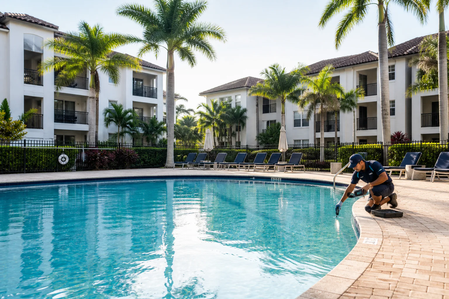 Technician testing a condominium community pool in South Florida