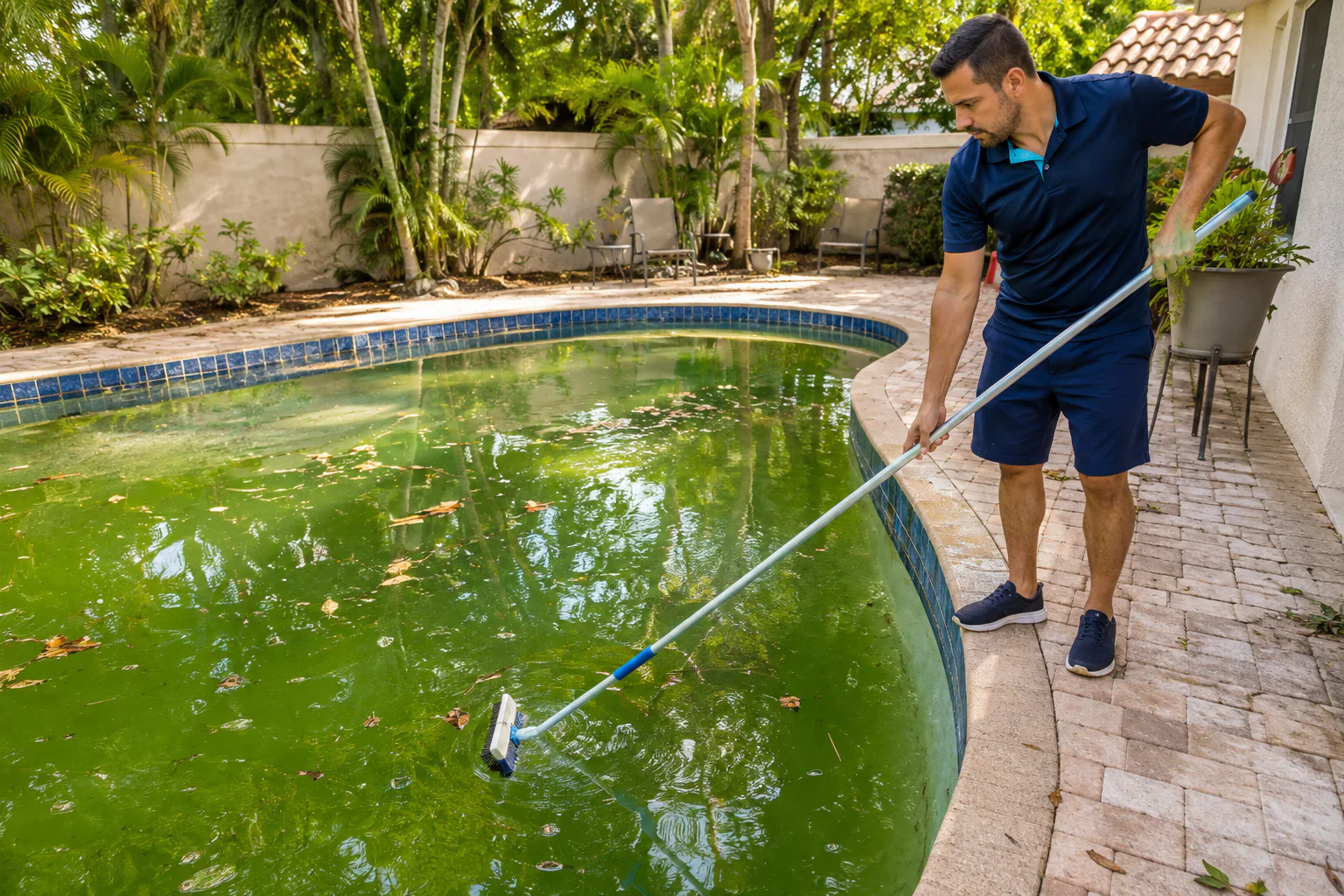 Technician brushing a green residential pool during recovery service