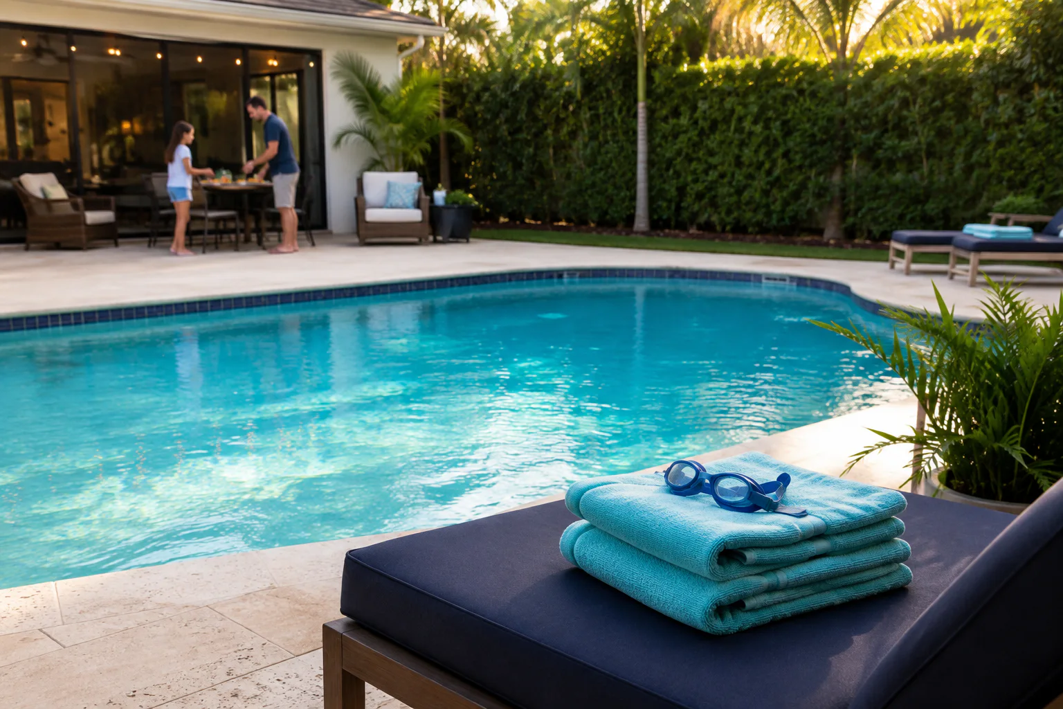 Clear family pool ready to enjoy in the evening
