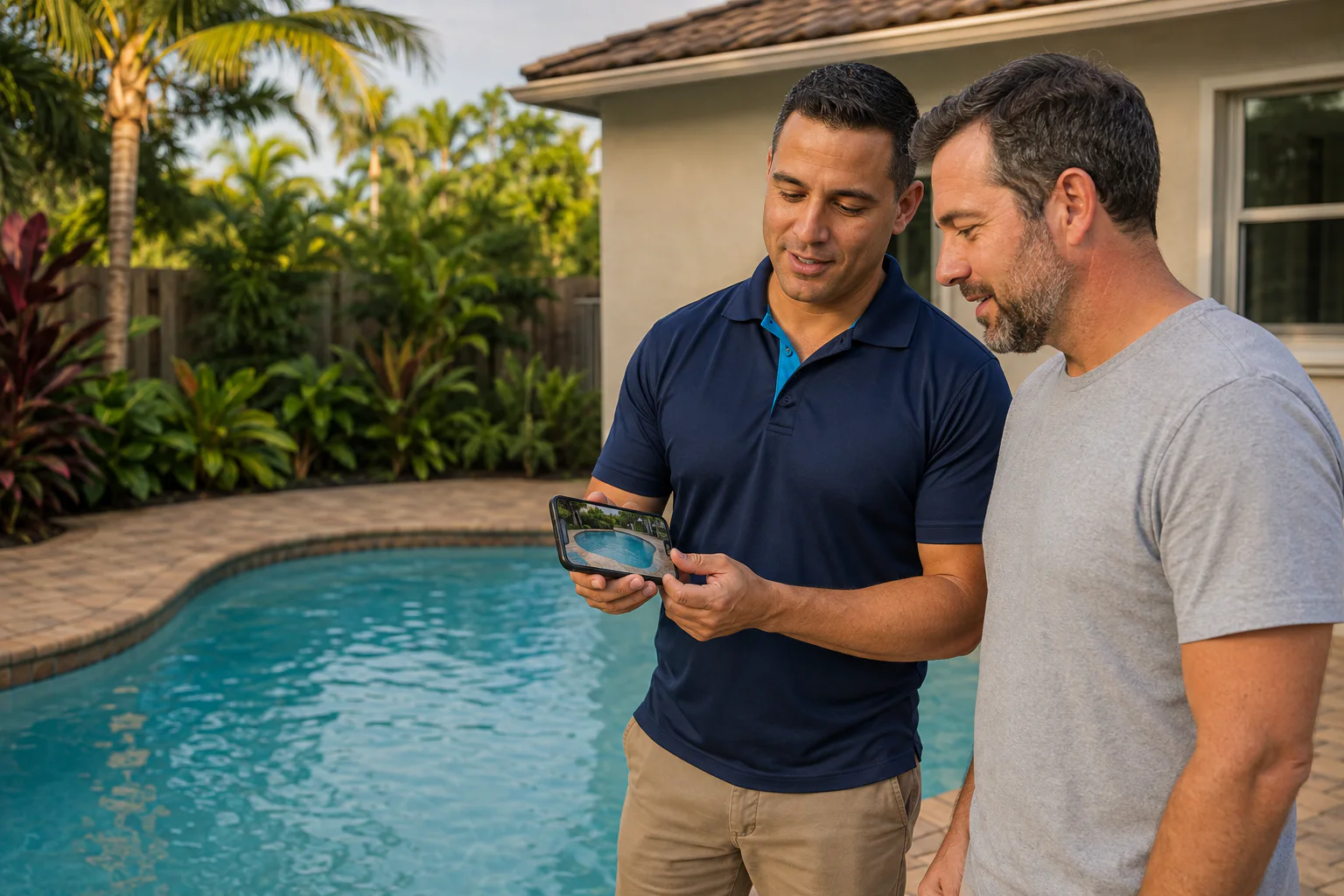 Pool technician reviewing a pool photo with a homeowner