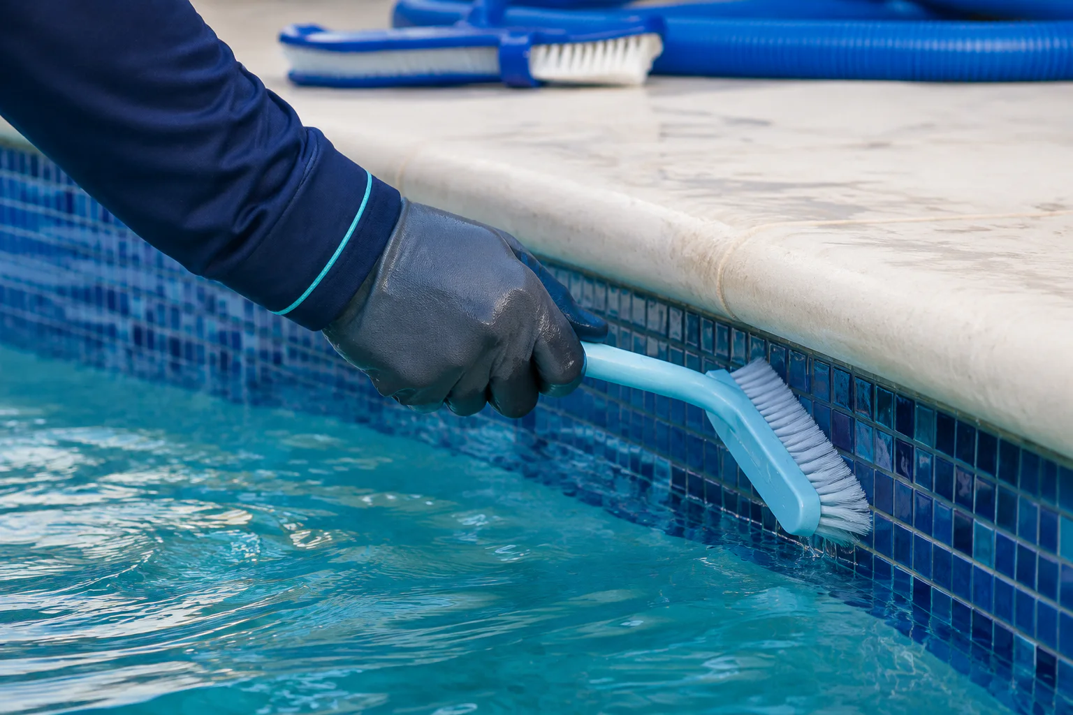 Pool technician brushing a blue mosaic tile line